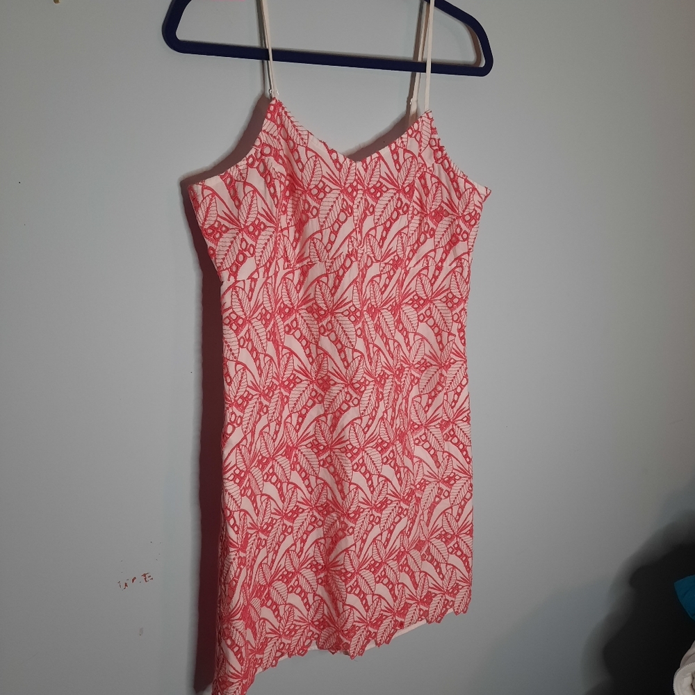 Crown & Ivy Sz 14, Pink White Eyelet Lace‎ Tropical Shift Dress Spaghetti Strap